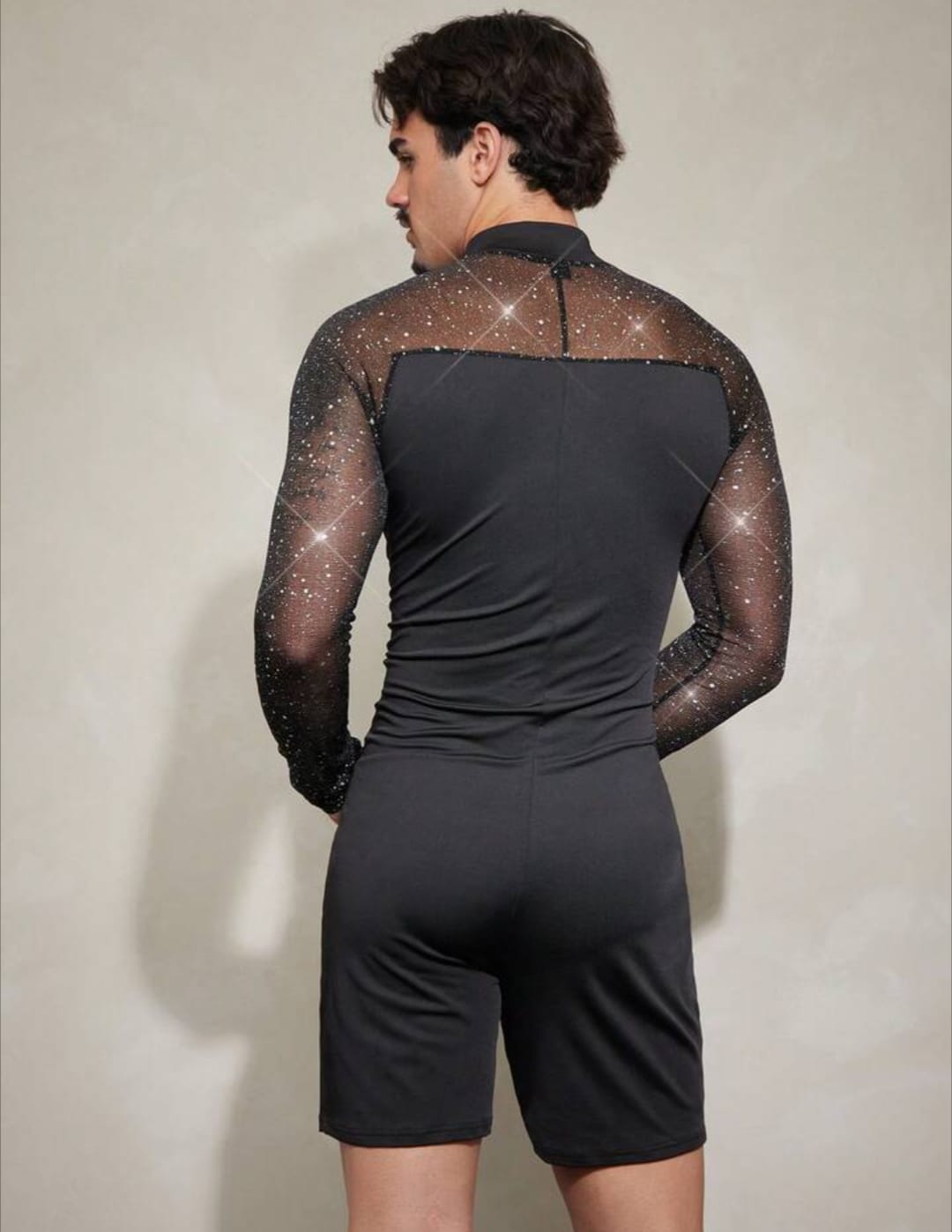 Men's Glitter Mesh Panel Bodycon Romper Jumpsuit for Party & Stage Wear